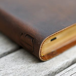 May include: Close-up of a brown leather-bound journal with a worn, distressed look. The edges of the pages are visible, showing a natural, light brown colour.