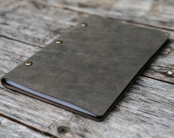 Diario de cuero recargable, regalo de viaje, cuaderno de cuero, carpeta de 3 postes, libro de visitas, cuero de plena flor gris pizarra personalizado.