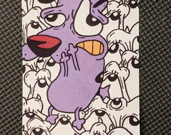May include: A purple cartoon dog with a red nose and big eyes is surrounded by a pattern of white cartoon eyes.