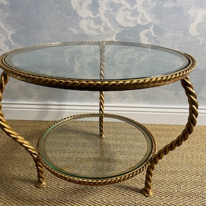 Li Puma Hollywood Regency Roped Gilt Metal Round Side Table Italy 1960&#39;s
