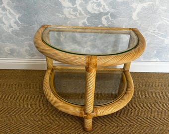 Two-Tiered Twisted Rattan Accent Table With Glass Shelves, 1970's