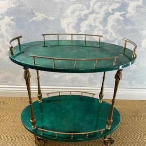 Aldo Tura Petit Forrest Green Side Table, Bar Cart, Tea Trolley, Hollywood Regency