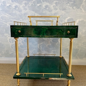 Aldo Tura Side Table on Wheels in Emerald Green with Brass Detail and 2 Drawers