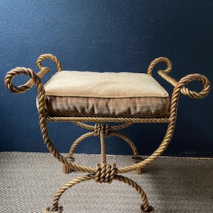 1950s Italian Rope Tassel Gilt Curule Seat / Vanity Chair/ Side Table, Hollywood Regency