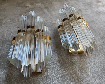Elegant Pair of Crystal Sconces in Venini Style, Spain, 60s 70s Vintage Brass