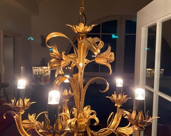 Gilded Floral Hans Kögl Ceiling pendant lamp Chandelier 1960s  Vintage Mid Century