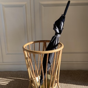 Bamboo and Rattan Umbrella Stand with Metal Drip Tray in the Style of Franco Albini, Italy, 1960s