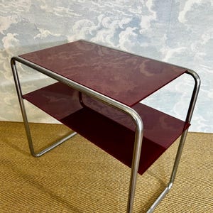 Refurbished Bauhaus Side Table with Burgundy Shelves In The Style of Marcel Breuer's Model B 12
