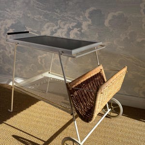 1960s White Bar Cart / Tea Trolley with Wicker Basket and Removable Tray