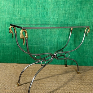 Polished Steel & Brass Console Table, possibly Maison Jansen, France, Mid-Century Modern Hollywood Regency