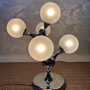 Unique Table Lamp with Chrome Frame and Opaque Glass Globes, 1970&#39;s, Space Age, Atomic Age, Sputnik