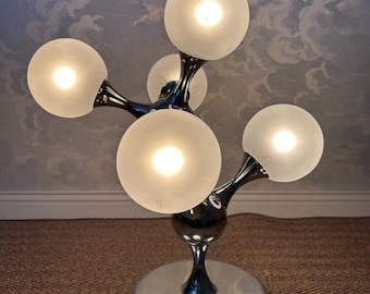 Unique Table Lamp with Chrome Frame and Opaque Glass Globes, 1970's, Space Age, Atomic Age, Sputnik