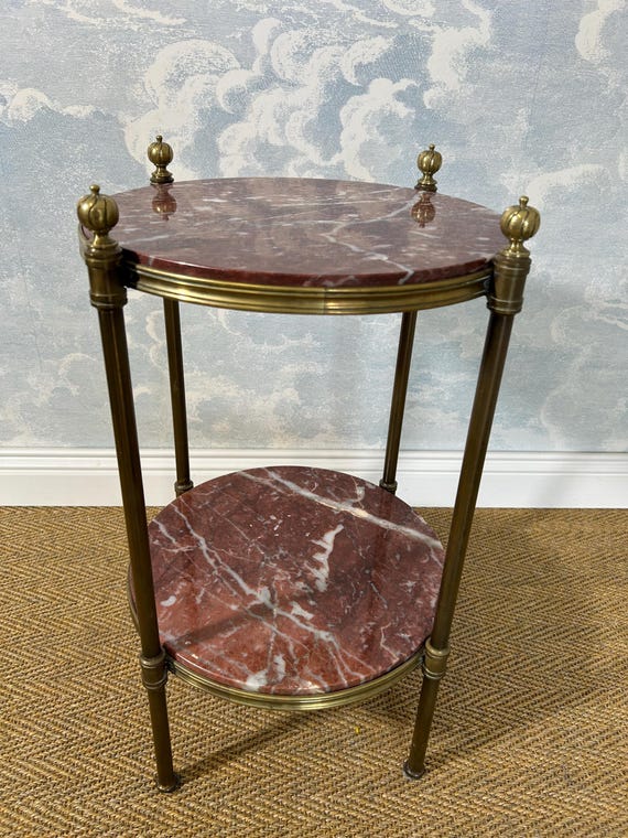 Rosso Levanto -Two-Tiered Emperador-Marble Gueridon on Brass Frame, 1970s