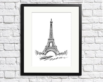 Eiffel Tower Print Paris France travel print. minimalist artwork. digital download. printable . black & white illustration. Wall decor. Card