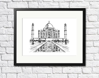 Taj Mahal travel minimalist print. digital download. printable artwork. wall decor. black and white illustration. Note card. Gallery wall.