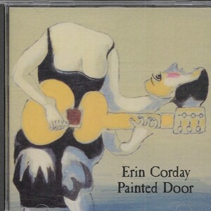 May include: A woman plays a yellow acoustic guitar. The guitar has a red soundhole. The woman is wearing a black dress. The background is a light beige color. The text "Erin Corday Painted Door" is at the bottom of the image.