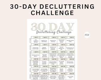May include: A printable 30-day decluttering challenge checklist with a light grey background and black text. The checklist is divided into 30 days, with each day having a different decluttering task. The tasks are organised by room, such as kitchen, living room, bedroom, bathroom, office, and garage. The checklist is titled "30 Day Decluttering Challenge".