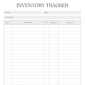 Puede incluir: Una hoja de cálculo de seguimiento de inventario en blanco con columnas para fecha, descripción, cantidad, reposición y proveedor.