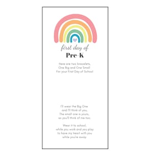 First Day of School Poem Printable, First Day of Pre-K Matching Bracelet Card, Rainbow, Instant Download, Printable File