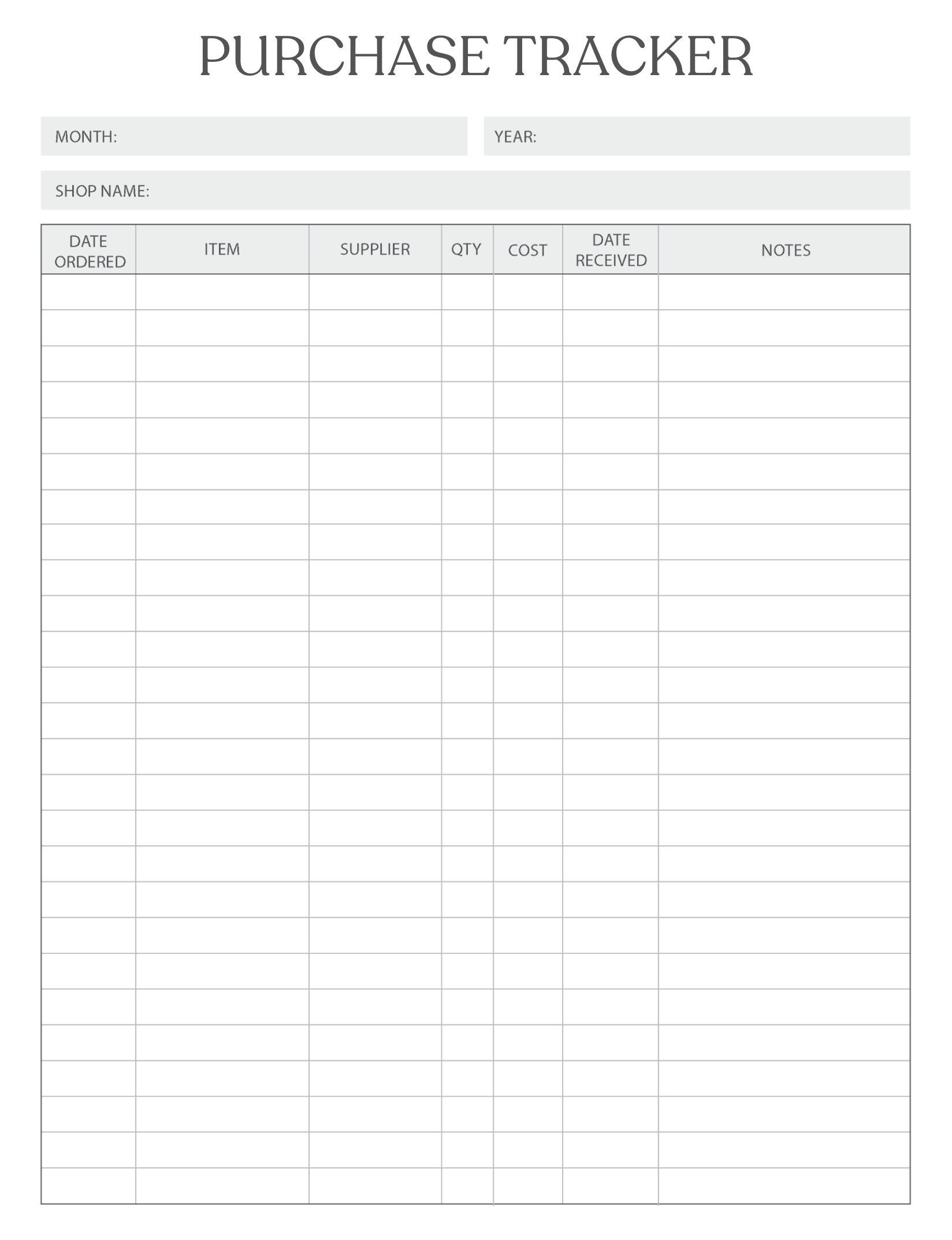 Purchase Tracker Form.pdf Purchase Tracker Printable Digital File - Etsy UK