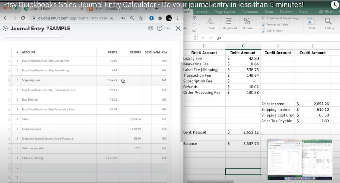 Etsy Quickbooks Sales Journal Entry Excel Calculator Etsy