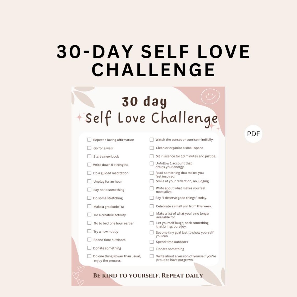 30 Day Self Love Challenge Printable PDF | Certificate Included - Etsy