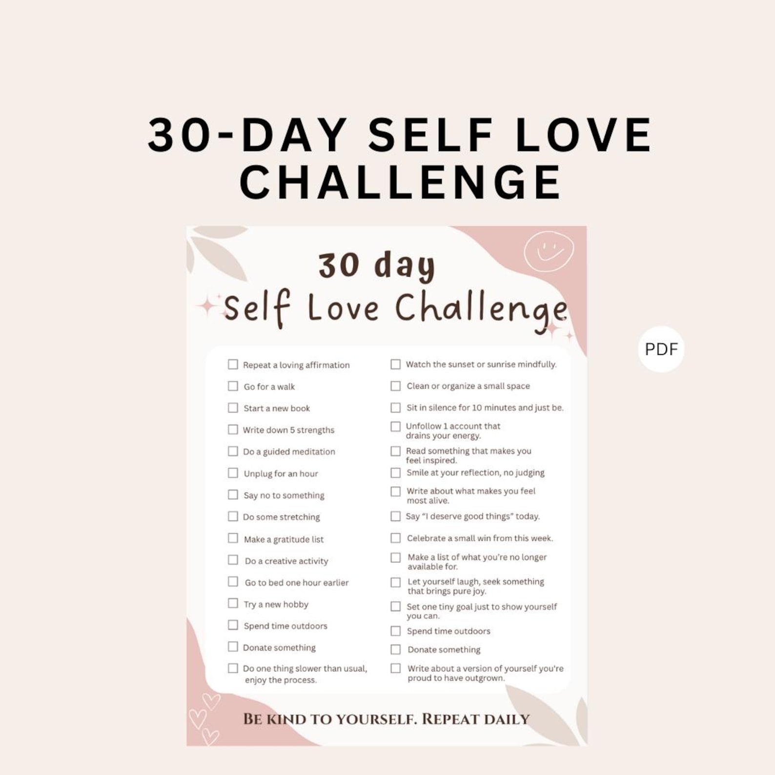 30 Day Self Love Challenge Printable PDF | Certificate Included - Etsy