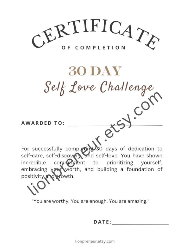 30 Day Self Love Challenge Printable PDF | Certificate Included - Etsy
