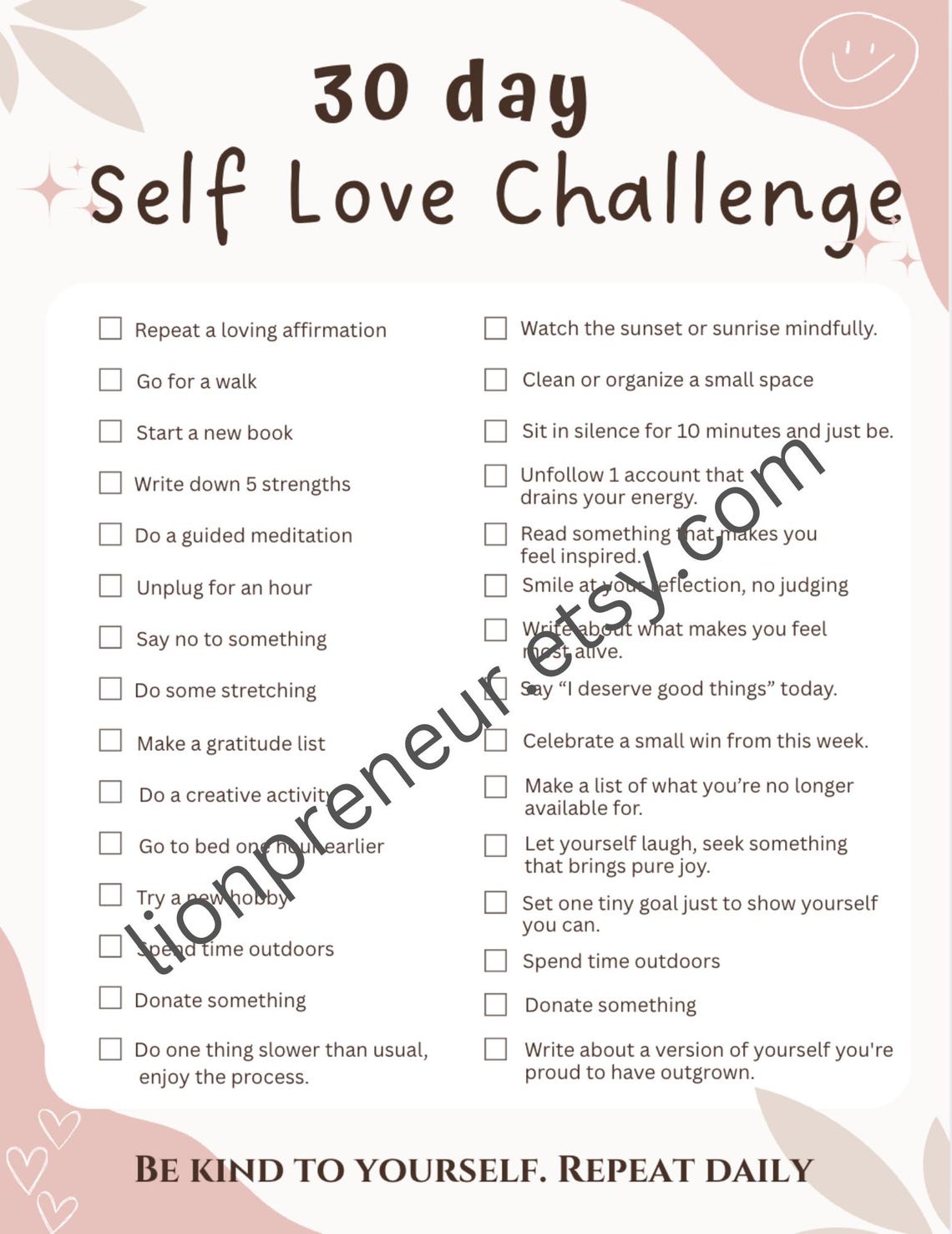 30 Day Self Love Challenge Printable PDF | Certificate Included - Etsy