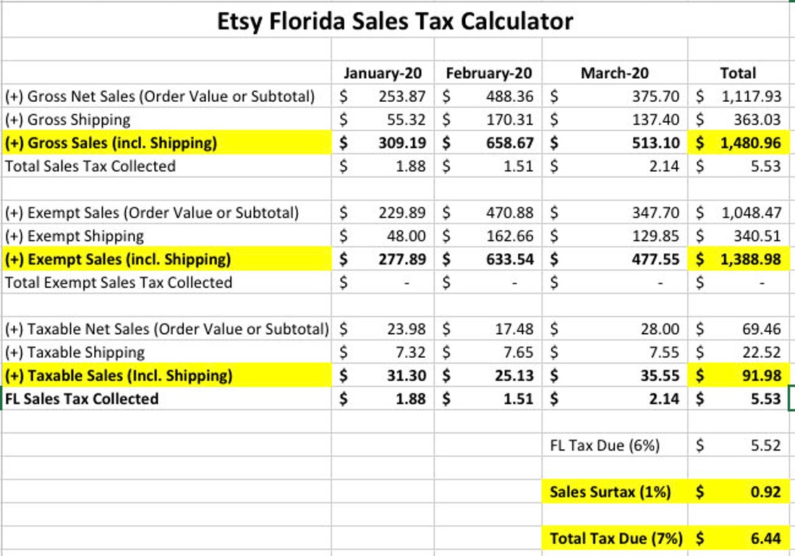 Etsy Seller Florida Sales Tax Calculator Excel Template Etsy