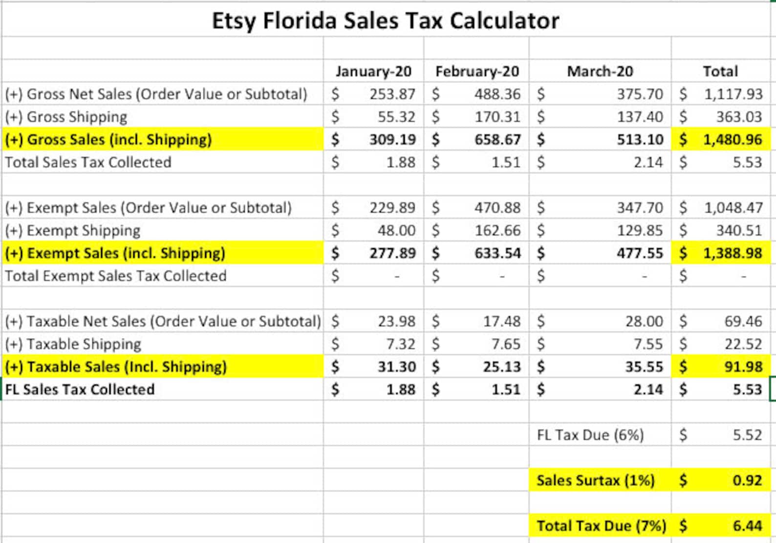 Etsy Seller Florida Sales Tax Calculator Excel Template Etsy