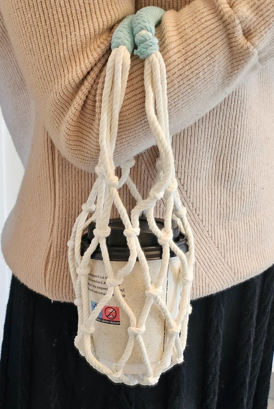 Cup Holder Using Rope Macrame Coffee Cup Holder, Reusable Cup Carrier, Handmade Cotton Rope ...