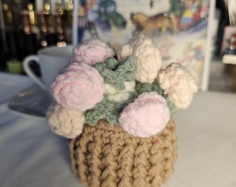 Handmade Crochet Rose Coaster & Basket Set • Cottagecore Decor