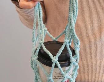 Macrame Coffee Cup Holder, Handmade Cotton Rope, Boho Eco Friendly