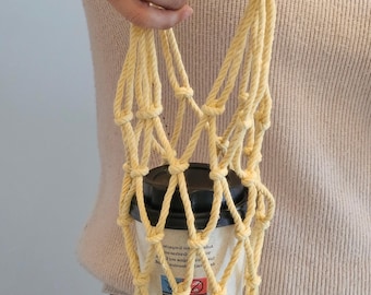 Handmade Macrame Coffee Cup Holder, Reusable Cotton Carrier, Boho Accessory