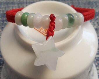 Natural Burmese Jadeite Jade Carved Star Charm and Flat Round Beads Chinese Red String Bracelet緬甸玉雕刻星星幸運紅繩手鍊
