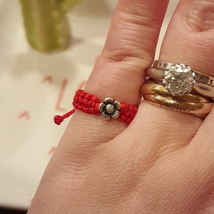 925S Sterling Silver Mini Flower Lucky Red String Shamballa Ring