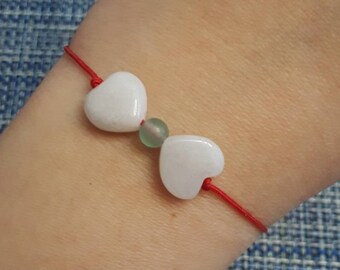 Natural Burmese Jadeite Jade Carved Heart Charms Lucky Chinese Red String Bracelet緬甸玉愛心幸運結紅繩手鍊