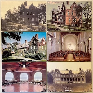 May include: A collage of six vintage postcards showing different views of a monastery building over time. The postcards show the building in 1910s, 1950s, 1965, 1970s, and 1910s. The postcards are in good condition and have a vintage look.