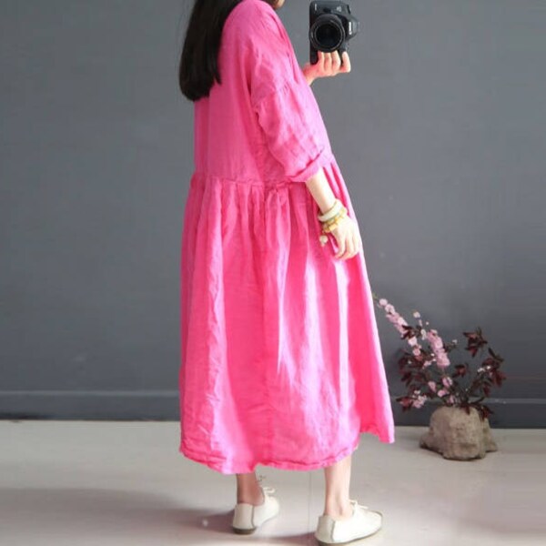Long pleated linen dress, casual pure linen dress, day dress, flax dress, women dress, loose fitting comfortable natural vintage PINK 72