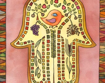 Seven Species Hamsa - spiritual watercolor print for weddings, housewarmings and holidays