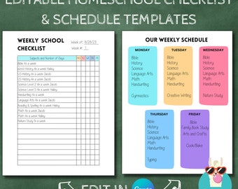 May include: Editable homeschool checklist and schedule templates. A printable checklist with a grid for tracking subjects and days of the week. A weekly schedule with a grid for each day of the week, including Monday, Tuesday, Wednesday, Thursday, and Friday. The schedule includes subjects like Bible, History, Science, Language Arts, Math, Handwriting, Gymnastics, Creative Writing, Nature Study, Family Book Study, Arts and Crafts, Cook/Bake, and Typing.