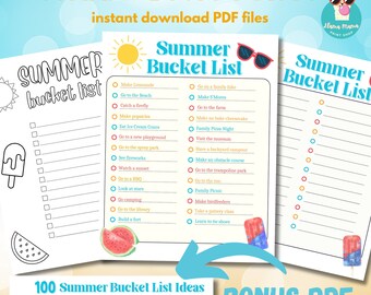 Peut inclure: Deux listes de choses à faire en été imprimables avec un design coloré. Les listes comprennent des activités comme faire de la limonade, aller à la plage, attraper des lucioles et faire du camping. Les listes sont intitulées "Summer Bucket List" et ont un design amusant et estival.