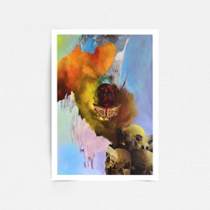 Máscara roja sangrienta con calaveras y mariposas, entorno de arte oscuro - Imprimir cartel Bellas Artes