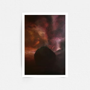 Erupting Volcano in Colorful Landscape, Scenario with Tree and Volcano, Surrealism Ambiance