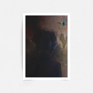 Figura oscura con colibrí, Atrapando a mano un colibrí, Atmósfera de arte oscuro, Póster Bellas Artes
