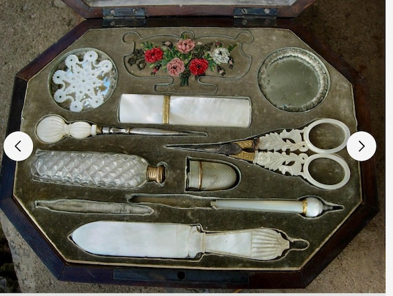 Palais Royal Mother of Pearl Sewing Burl Wood Casket Box