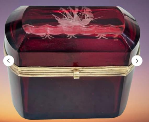 Art Glass Cranberry Red Etched Sugar Casket Box