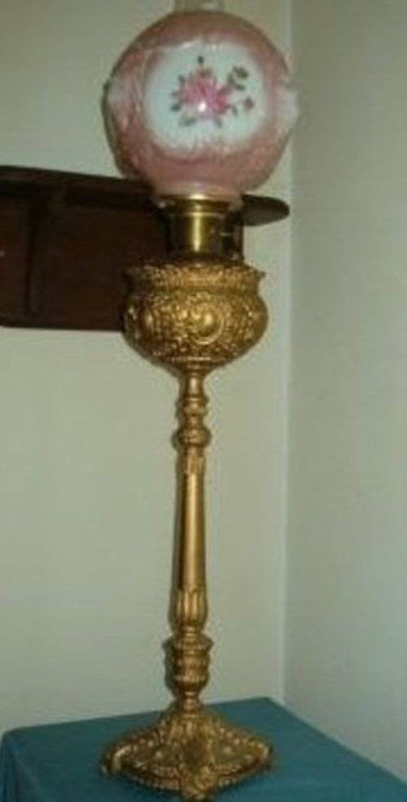 Antique piano Pillar Oil Lamp w Globe