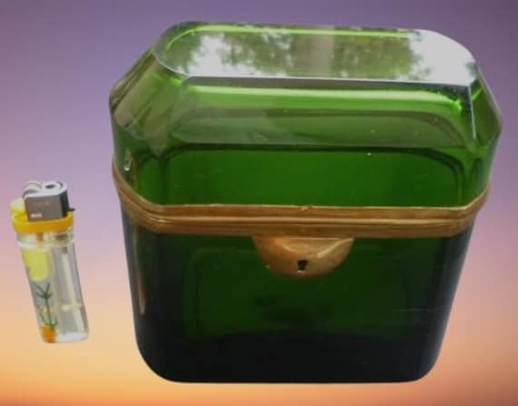Czech Bohemian Green Crystal Art Glass Sugar Casket Box